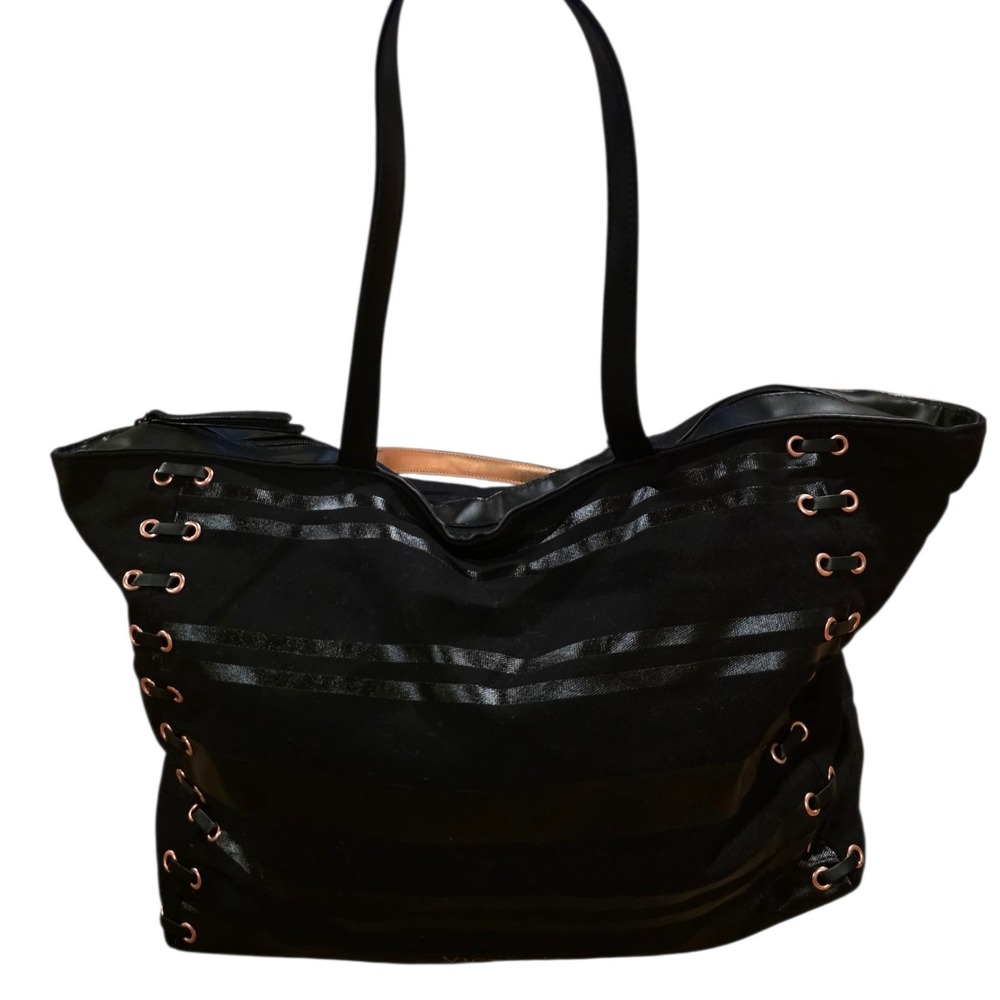 VS Lace up corset black Tote Bag Purse with Stripe Detail and Rose Gold Grommets - Picture 2 of 5